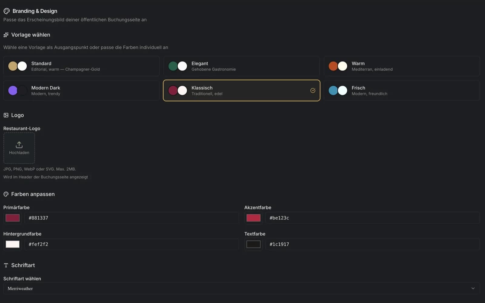 Branding settings with logo, colour picker and typeface selection for the booking page