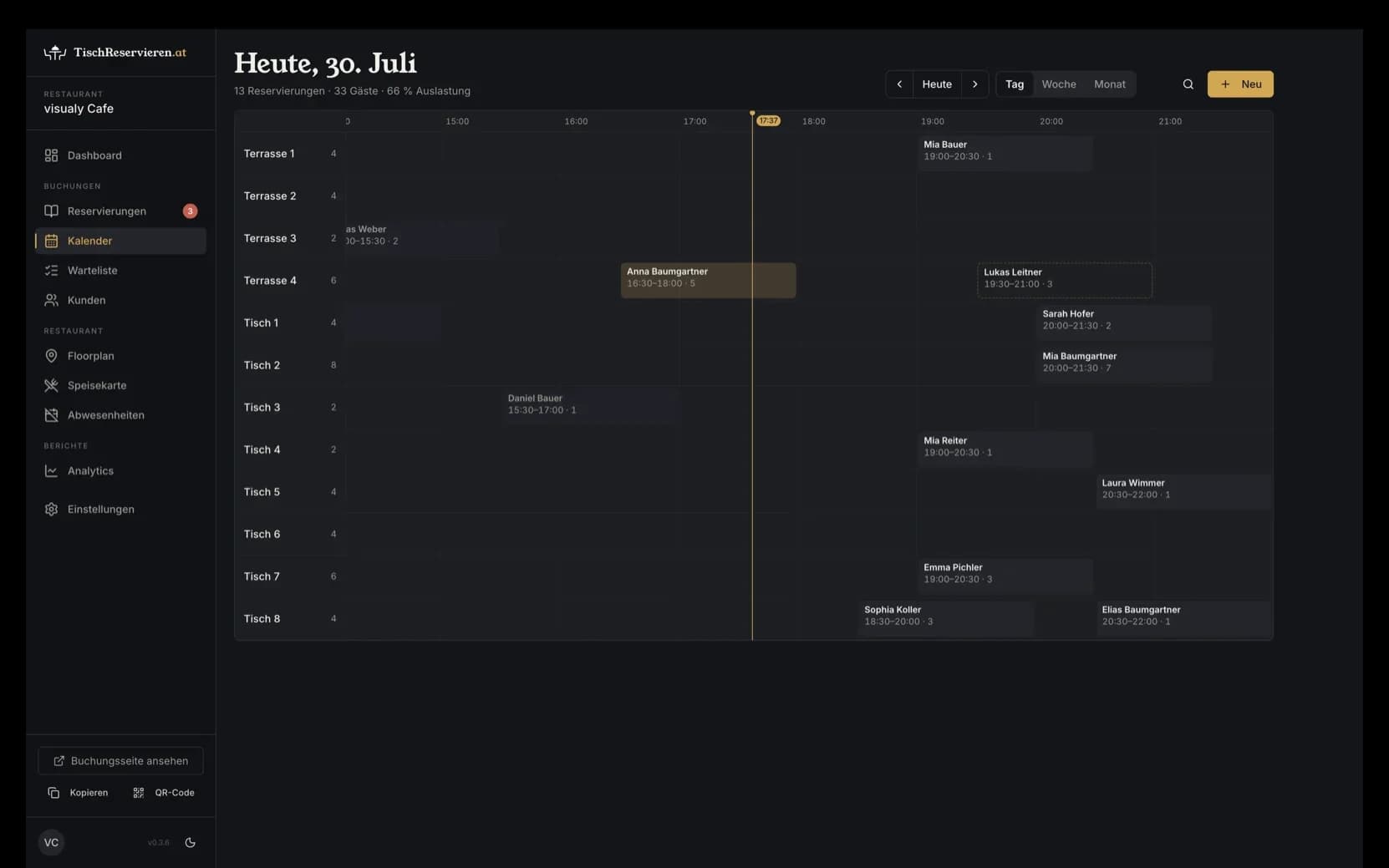 Calendar view with one timeline per table across the evening